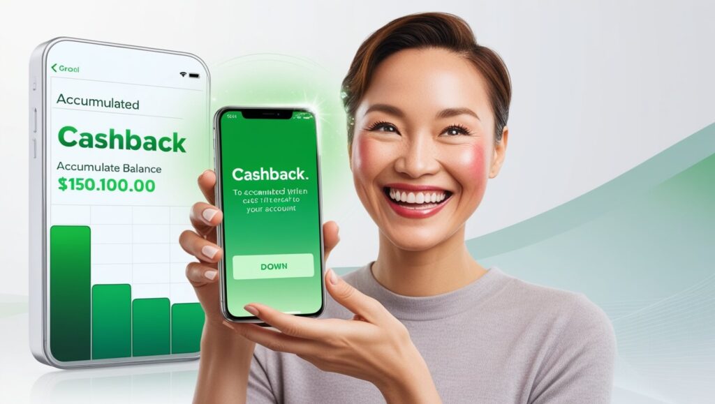 Pessoa sorridente recebendo notificação de cashback no celular, com saldo acumulado sendo creditado