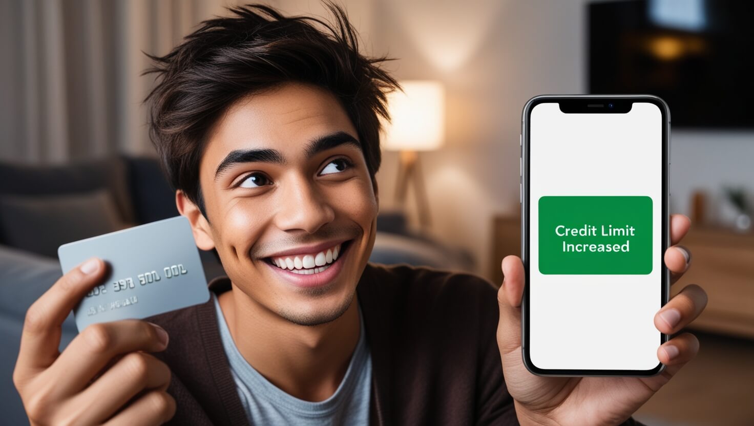 Pessoa sorrindo segurando um cartão de crédito com um smartphone ao fundo mostrando notificação de aumento de limite