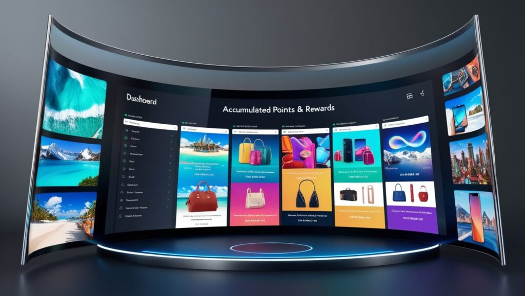 Dashboard digital mostrando pontos acumulados e recompensas de compras