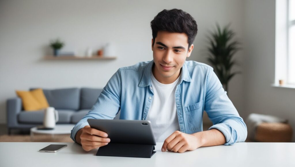 Jovem verificando fatura de cartão de crédito em um tablet com expressão tranquila