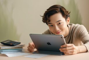 Pessoa examinando limites de cartões de crédito em um tablet, cercada por materiais de planejamento financeiro, simbolizando uso responsável do crédito