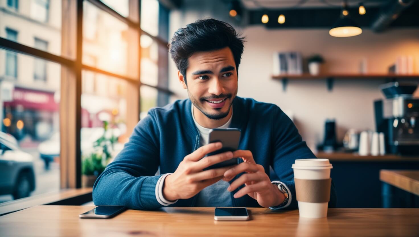 Pessoa jovem pesquisando como solicitar um cartão de crédito sem comprovação de renda em um café