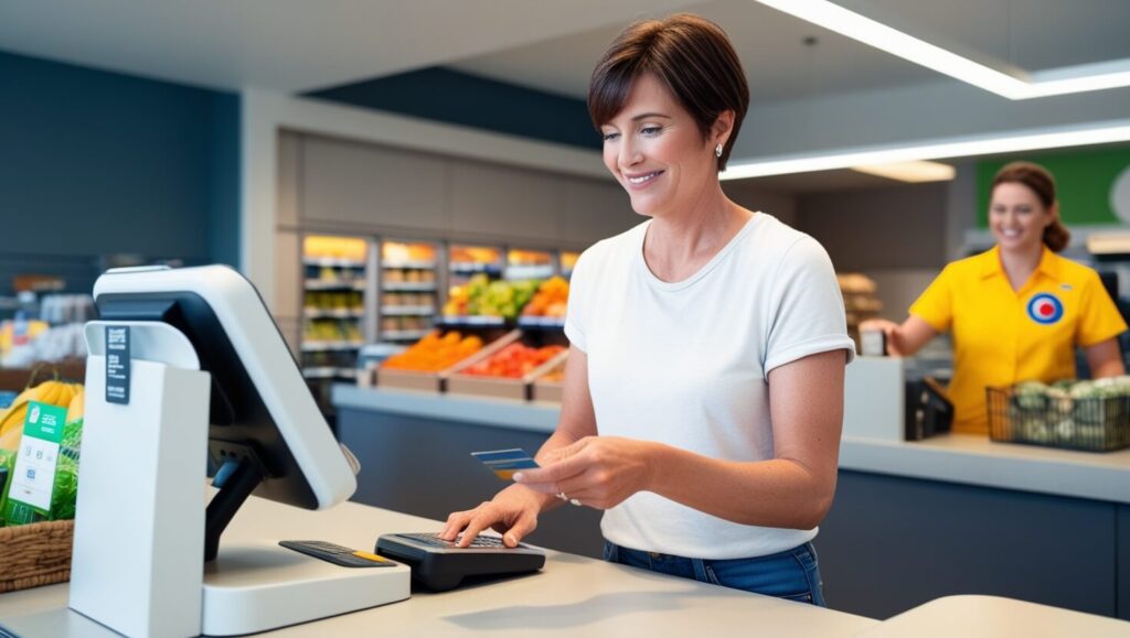 Um cliente pagando em débito em um caixa de supermercado, mostrando um pagamento rápido e prático