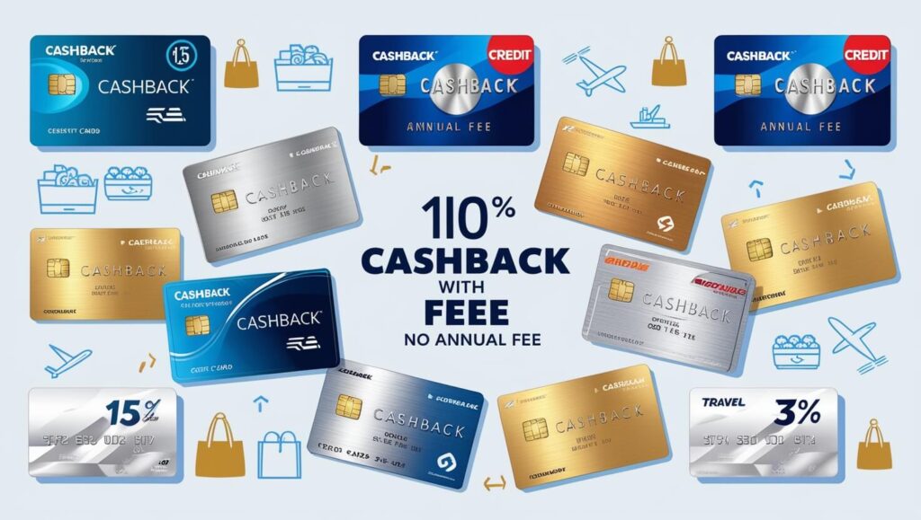 Uma representação visual de diferentes tipos de cartões de crédito, enfatizando os benefícios de isenção de anuidade e cashback